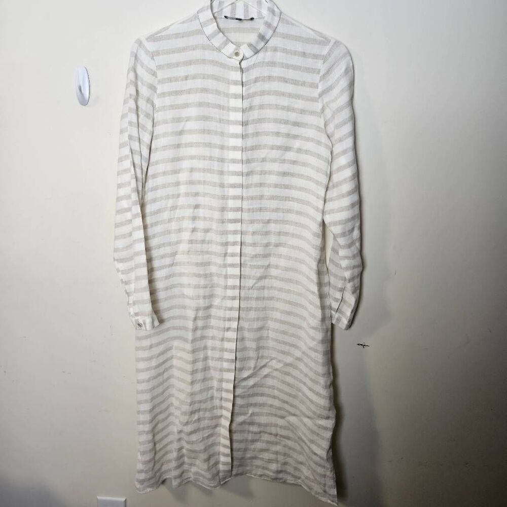 Lafayette 148 Striped Linen Button Front Dress Mandarin Collar Size Small Grey &